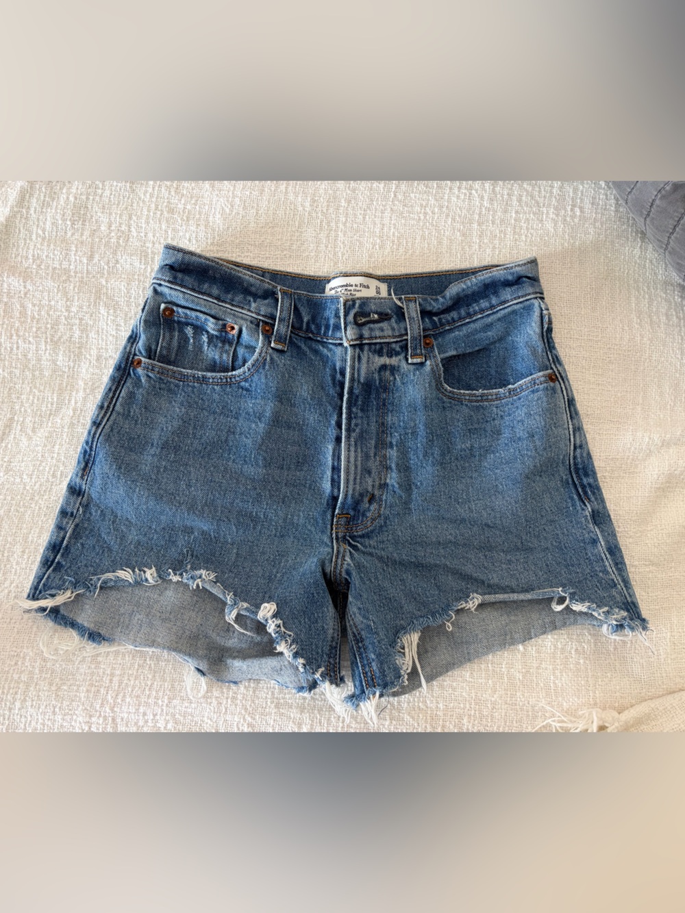 Abercrombie & Fitch Medium Blue High-Rise Distressed Jean Shorts